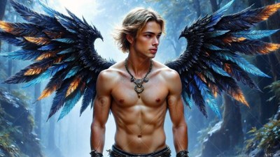 In a misty forest, a shirtless man stands with blue and black wings