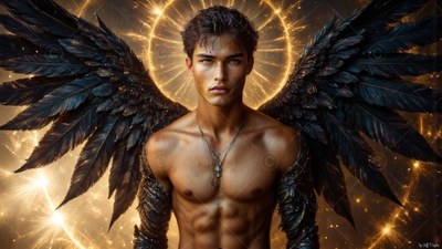Spreading black feathered wings, a shirtless man is standing before a golden halo
