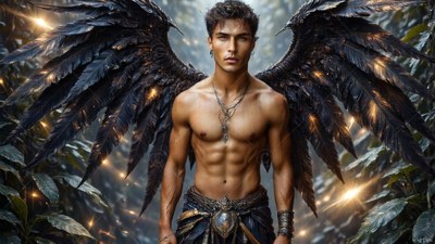 Shirtless man with black feathered wings in a dark forest