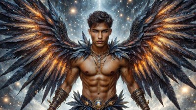 A shirtless man with wings wears dark feather armor against a deep sky of bright stars
