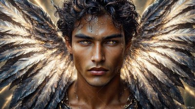 A man stares ahead with large feathered wings lined with pale gold light