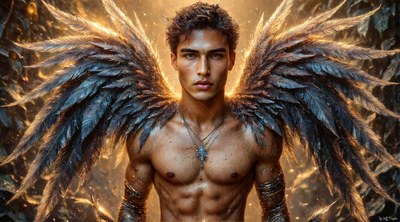 Facing forward in a leafy grove, a shirtless man with large feathered wings
