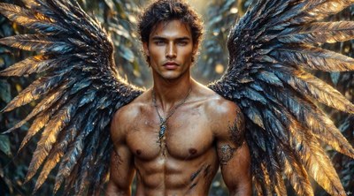 A shirtless man with large wings with feathers stands outdoors in soft light