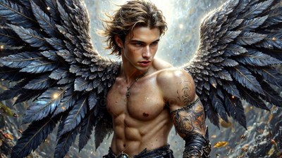 In bright light, a shirtless man with tattoo sleeves spreads large black feather wings