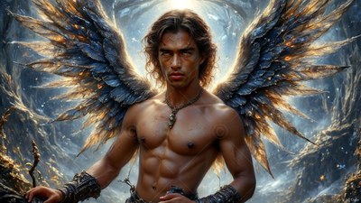 Spreading large full feathered wings, a shirtless man stands in a dark forest