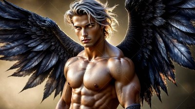 Muscular shirtless man with large black wings and gray hair