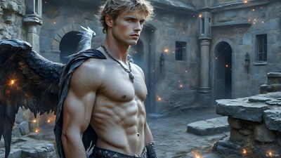 Bare-chested man with large black wings standing in a misty stone castle courtyard