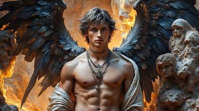 A winged man stands shirtless before stone statues under warm golden light