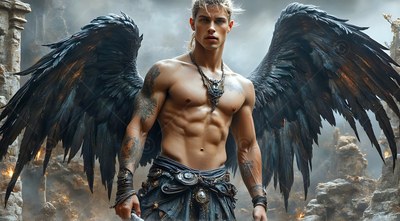 Facing forward among stone ruins, a shirtless winged man stands with black feathers spread wide