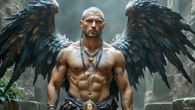 A shirtless muscular man with dark wings stands in a misty stone cave