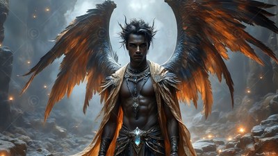 In a rocky canyon, a shirtless winged man stands with fiery full feathered wings