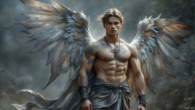 Standing with large silver wings spread, a shirtless man looks ahead in gray mist