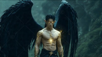 Shirtless man who has black wings and bright golden patterns on his chest