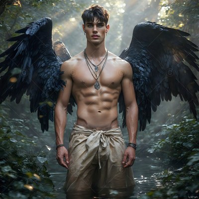 Silver necklaces hang on a bare-chested man with black wings standing in a sunlit stream