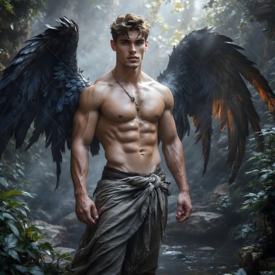 A muscular winged man with black feathers stands in a misty forest under pale sunlight