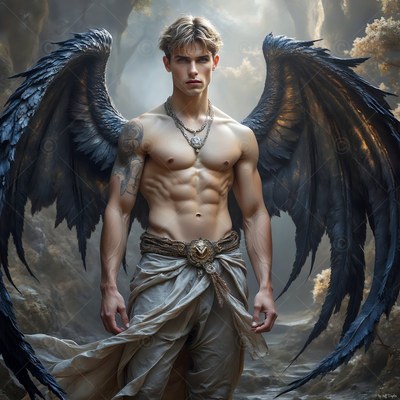 Standing shirtless in a misty forest, a winged man displays large black wings with feathers