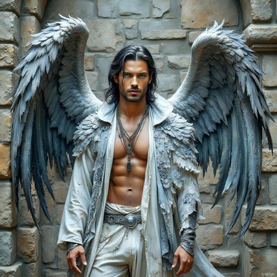 A man with large gray wings stands shirtless in an open robe by a stone wall