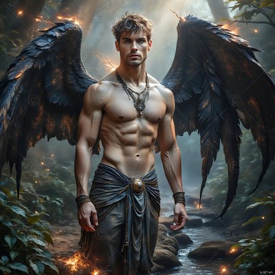 In a misty forest, a shirtless man stands with large black full feathered wings