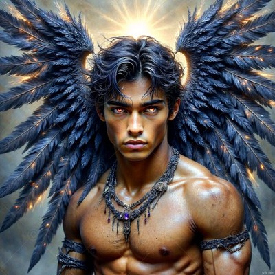 Shirtless man who has black wings under bright light