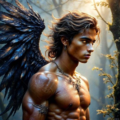 Feathered black wings rise behind a shirtless man standing in a misty forest