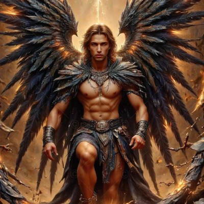 A muscular winged man kneels forward against bright golden light behind him