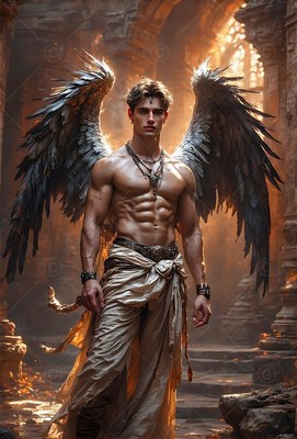 Standing forward in stone ruins, a shirtless man with wings looks ahead