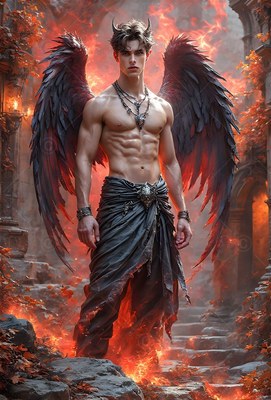 A winged man with horns stands shirtless on stone steps surrounded by red fire