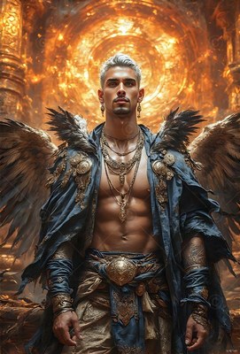Before a bright gold circle, a winged man is standing in a blue robe and jewelry