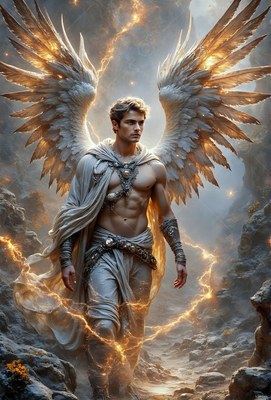 Walking past rocky cliffs, a winged man in a draped white robe is ringed by lightning