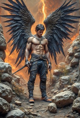 Bare-chested man with black wings stands with a sword in a rocky canyon