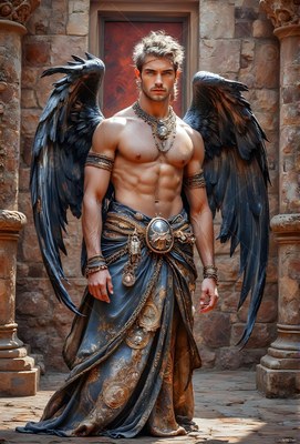 A winged man stands between stone pillars wearing a long blue and gold skirt