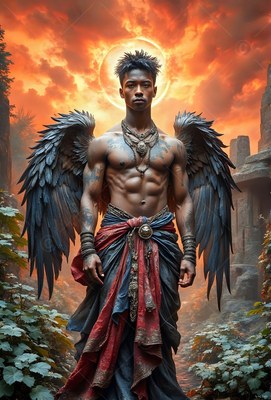 Standing upright in stone ruins, a winged man poses under an orange sky