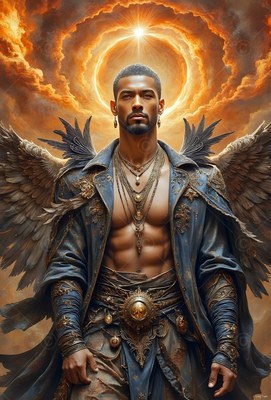 A winged Black man in a blue coat stands under a bright sun ring in orange clouds