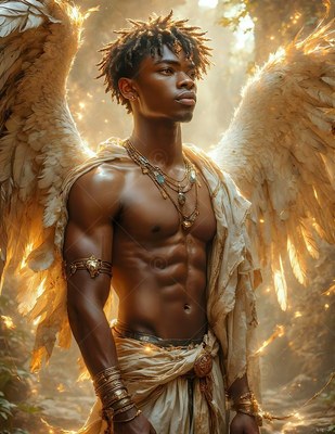 In a sunny forest, a young Black man stands with large wings with feathers