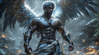 Standing on dark rock, a muscular winged man with silver hair spreads his feathers