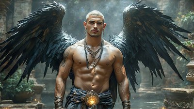 A shirtless man with short blond hair and large black wings stands in a stone ruin