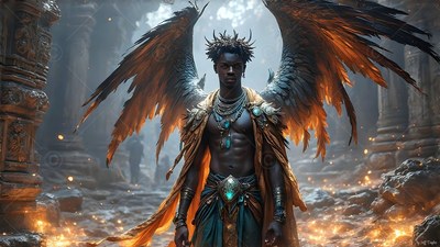 A winged Black man stands in stone ruins with warm orange light on his feathers