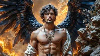 Facing forward before fire and stone, a winged man stands shirtless with dark feathers