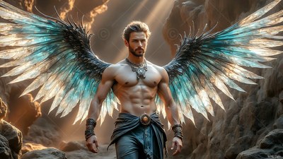 In a rocky canyon, a shirtless man is standing with wide blue and silver wings