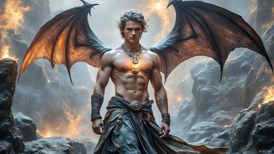 Spreading brown bat wings, a shirtless standing man in rocky smoke with fire behind him