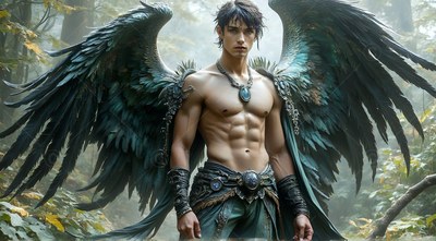 A shirtless man with dark wings stands in a misty forest