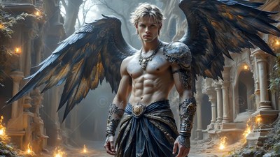 Bare-chested man with large black wings and metal armor stands in stone ruins