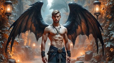A bare-chested man with black wings stands on a stone path lit by warm orange lanterns