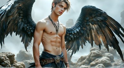 Standing shirtless on misty rocks, a young man spreads his dark wings
