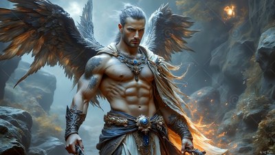 Muscular winged man with dark feathers standing in a misty rocky canyon