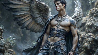 In a rocky canyon, a shirtless man with wings is standing in gray draped cloth