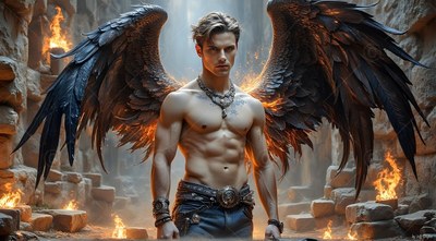 Standing shirtless, a winged man with black feathers pauses by stone ruins with fires