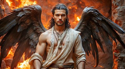 Wearing a white draped robe, a dark-haired winged man stands before roaring flames in a cave