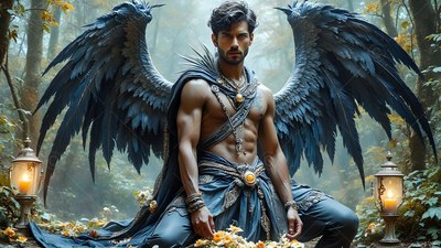 A winged man kneels in the woods with lantern light on his dark feathers