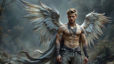 Standing shirtless in misty woods, a winged man displays large silver feathers